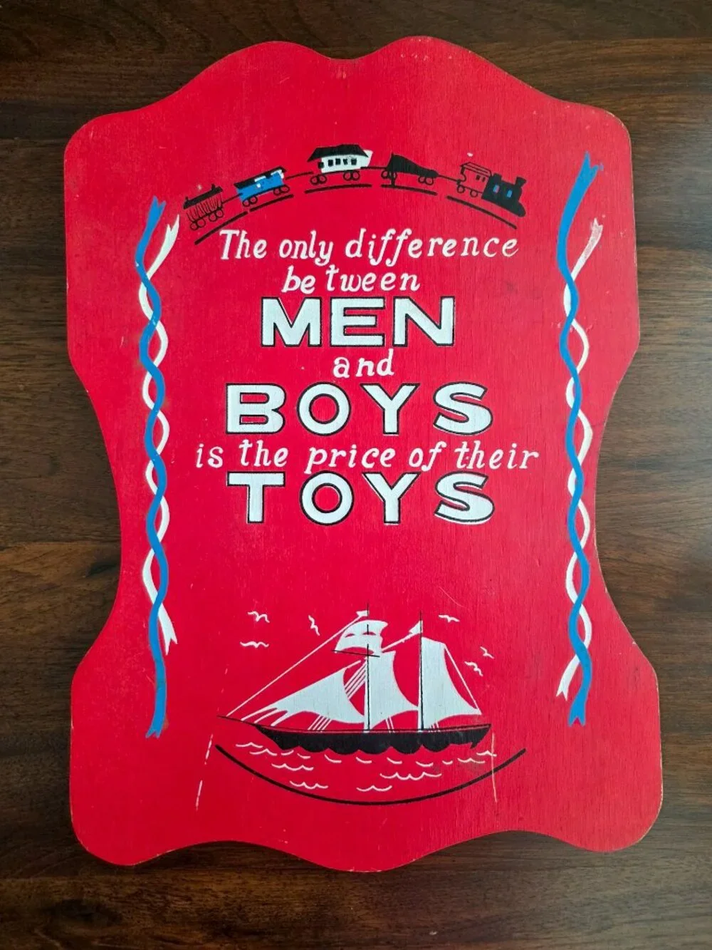 Vintage 1970s Men Boys Toys Wood Sign Plaque Man Cave Retro Kitsch Decor